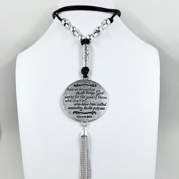C 1946 - Silver Tone Romans 8:28 Medallion 28” Black Cord Necklace - Picture 2 of 10